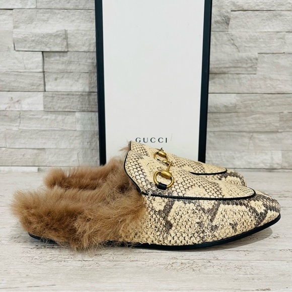 Gucci Princetown Python Fur Slipper EU 38 US 8 Horsebit Mule Loafer Flats Beige - Picture 3 of 16